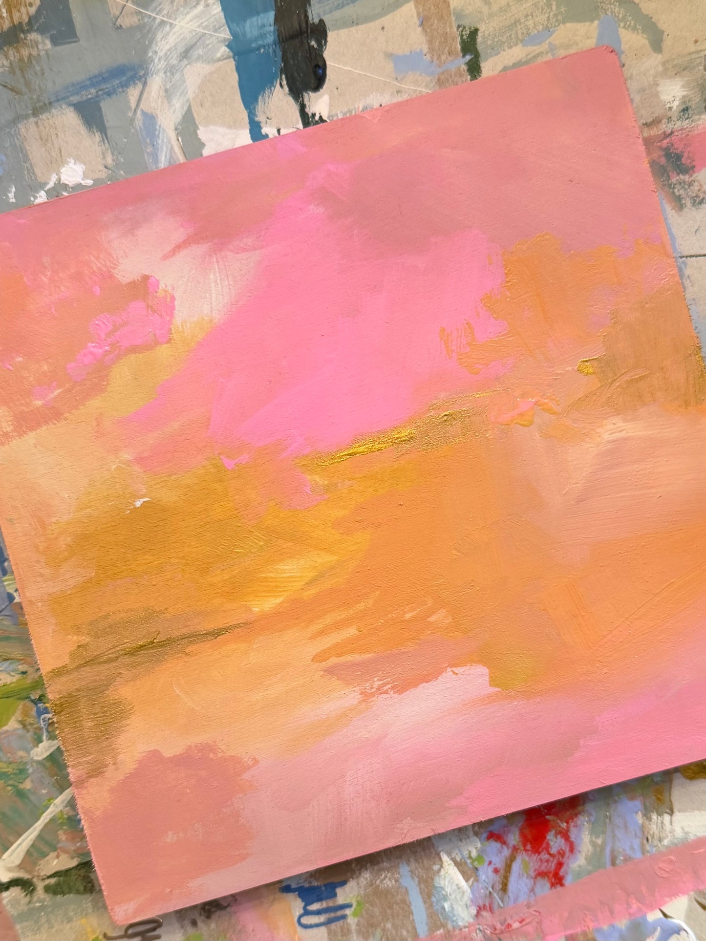 Pink and Gold abstract painting on wood panel with easel