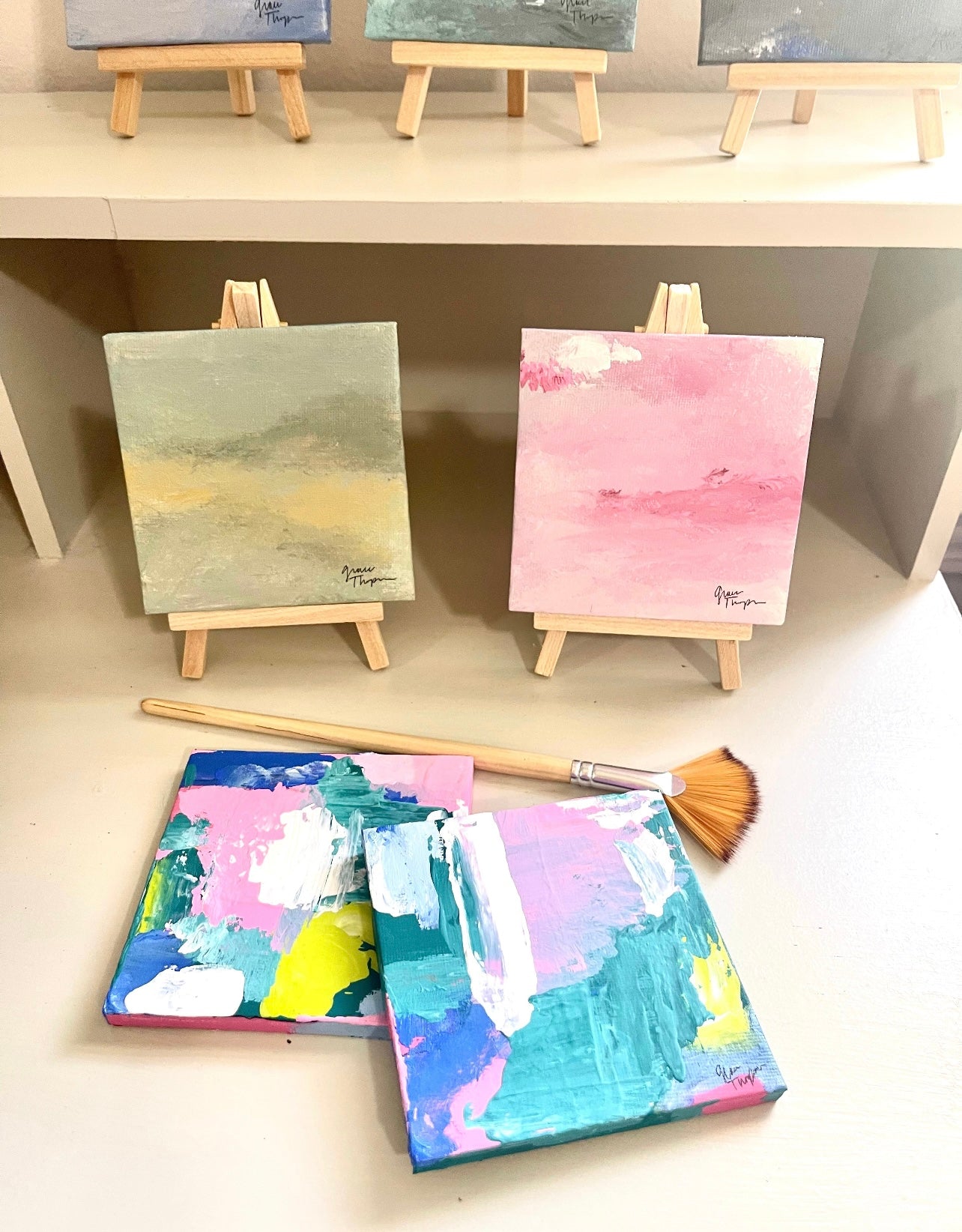 Colorful Mini Original Abstract Painting with wooden easel