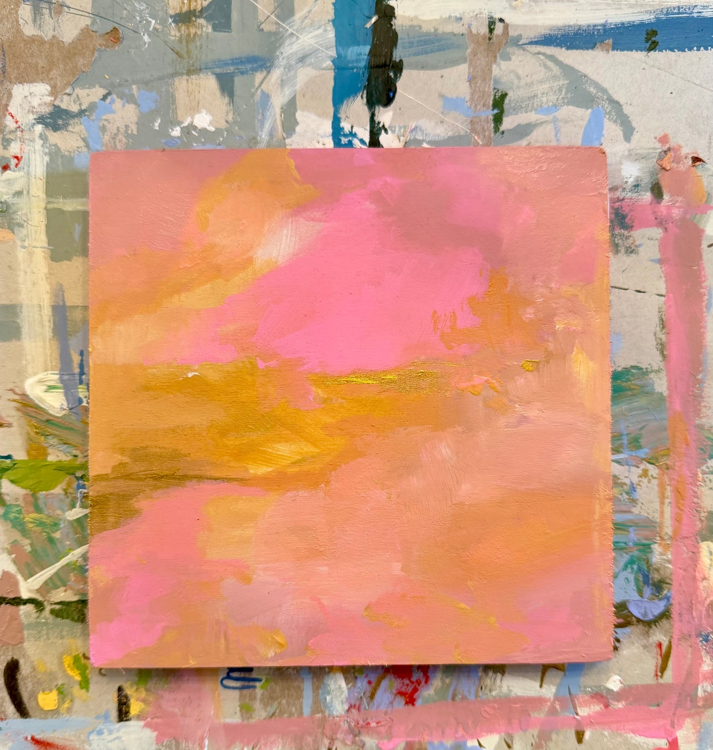 Pink and Gold abstract painting on wood panel with easel