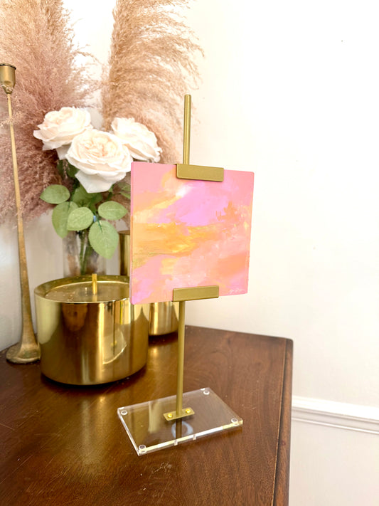 Pink and Gold abstract painting on wood panel with easel
