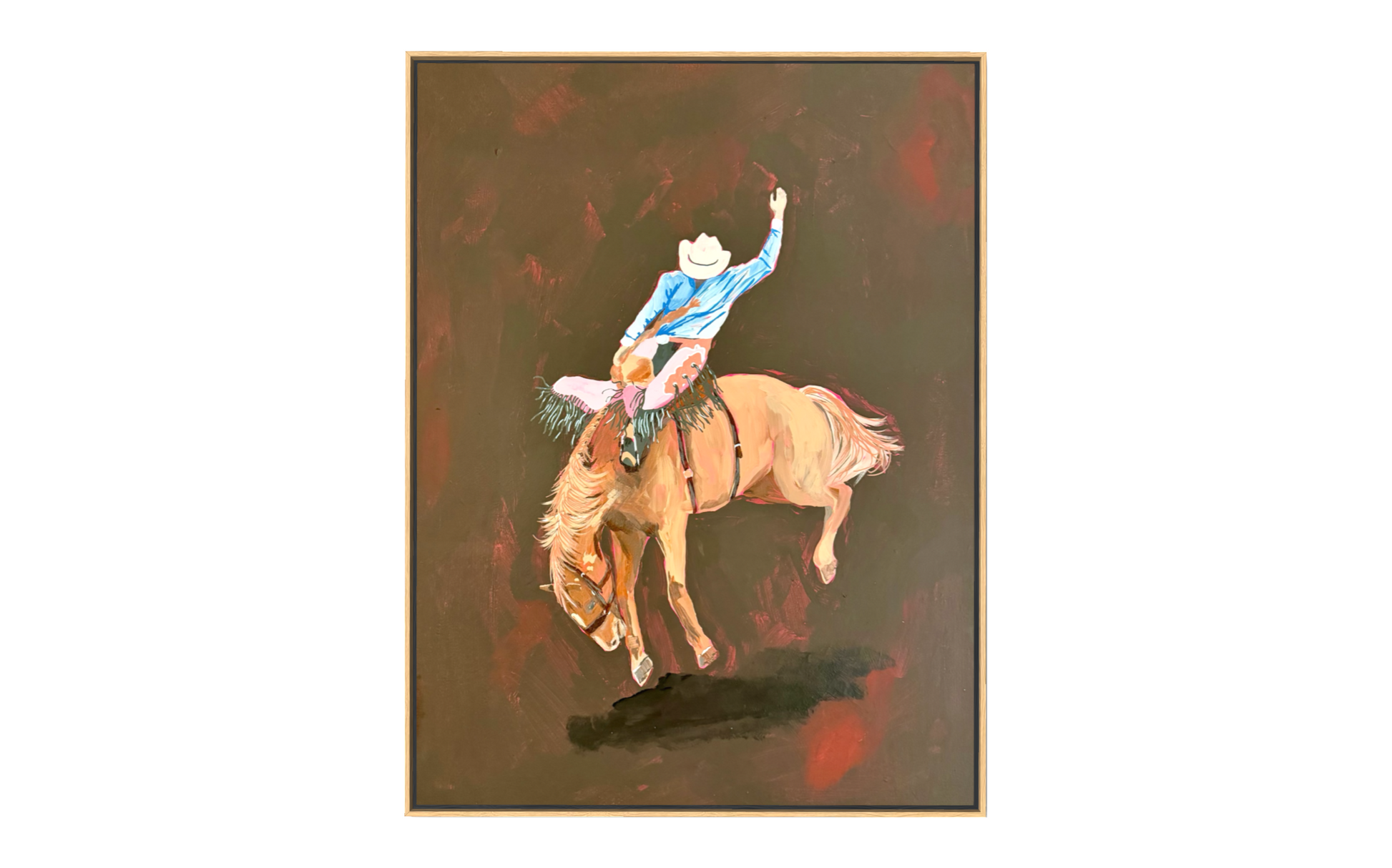 Original acrylic painting of a rodeo cowboy riding a bucking bronco by Grace Thompson, warm brown and red tones with a gold float frame